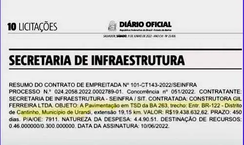 Contrato publicado para obras do asfalto de Urandi ao Cantinho