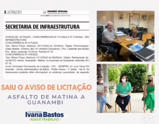 Em resposta ao trabalho de Ivana, será executado a obra do asfalto de Matina a Guanambi 