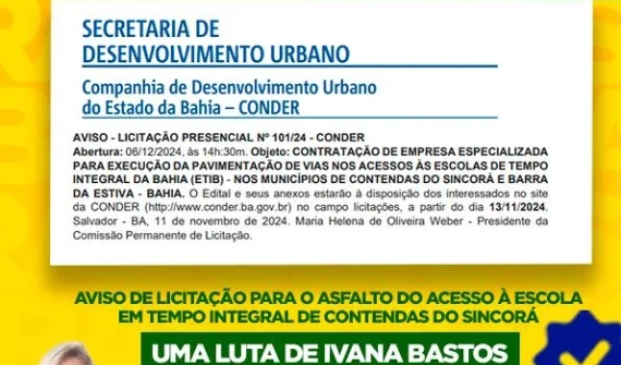 Acesso à Escola em Tempo Integral de Contendas do Sincorá receberá asfalto graças à atuação da deputada Ivana Bastos e da prefeita Margareth