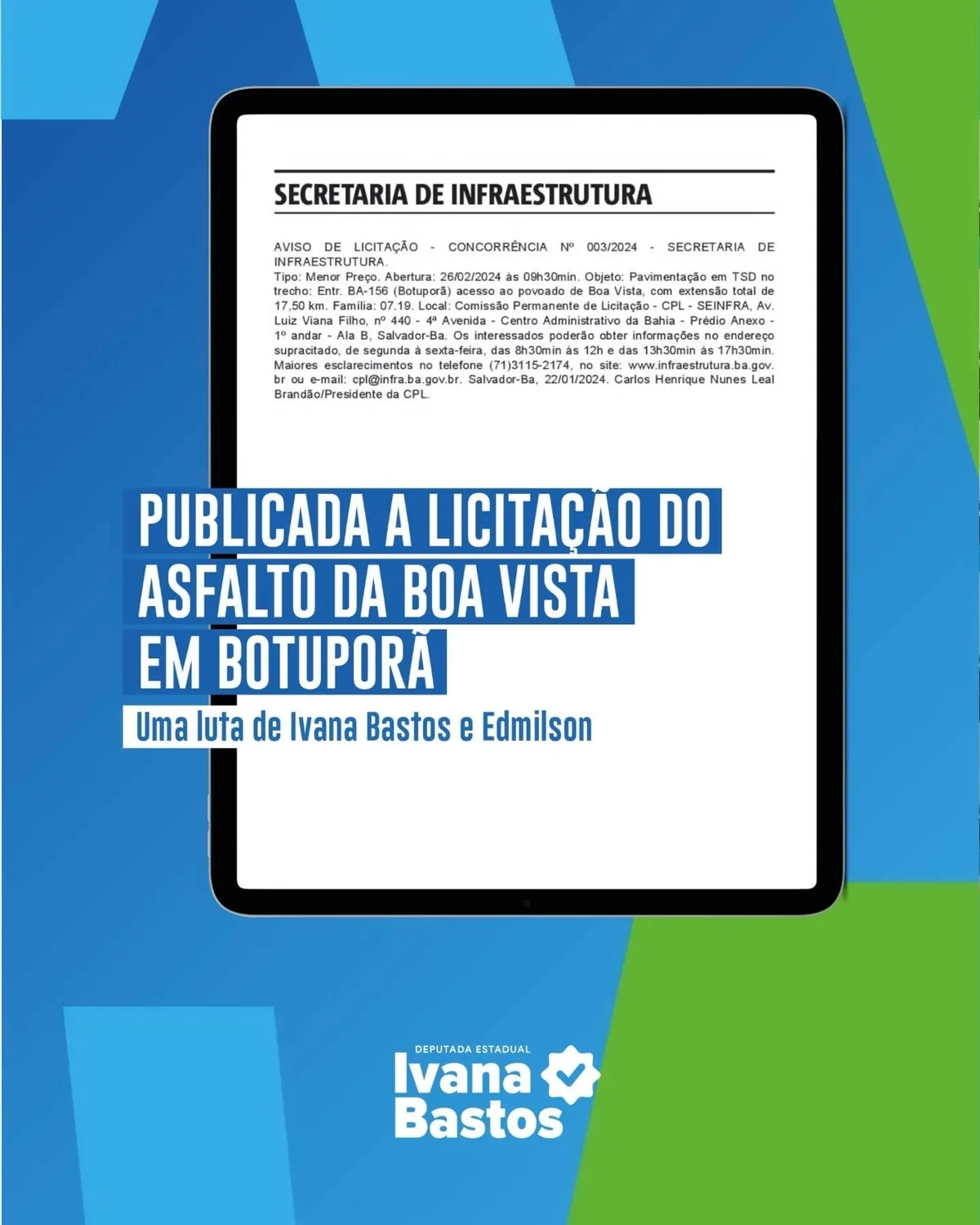 Deputada Ivana Bastos e prefeito de Botuporã garantem o asfalto do distrito de Boa Vista 