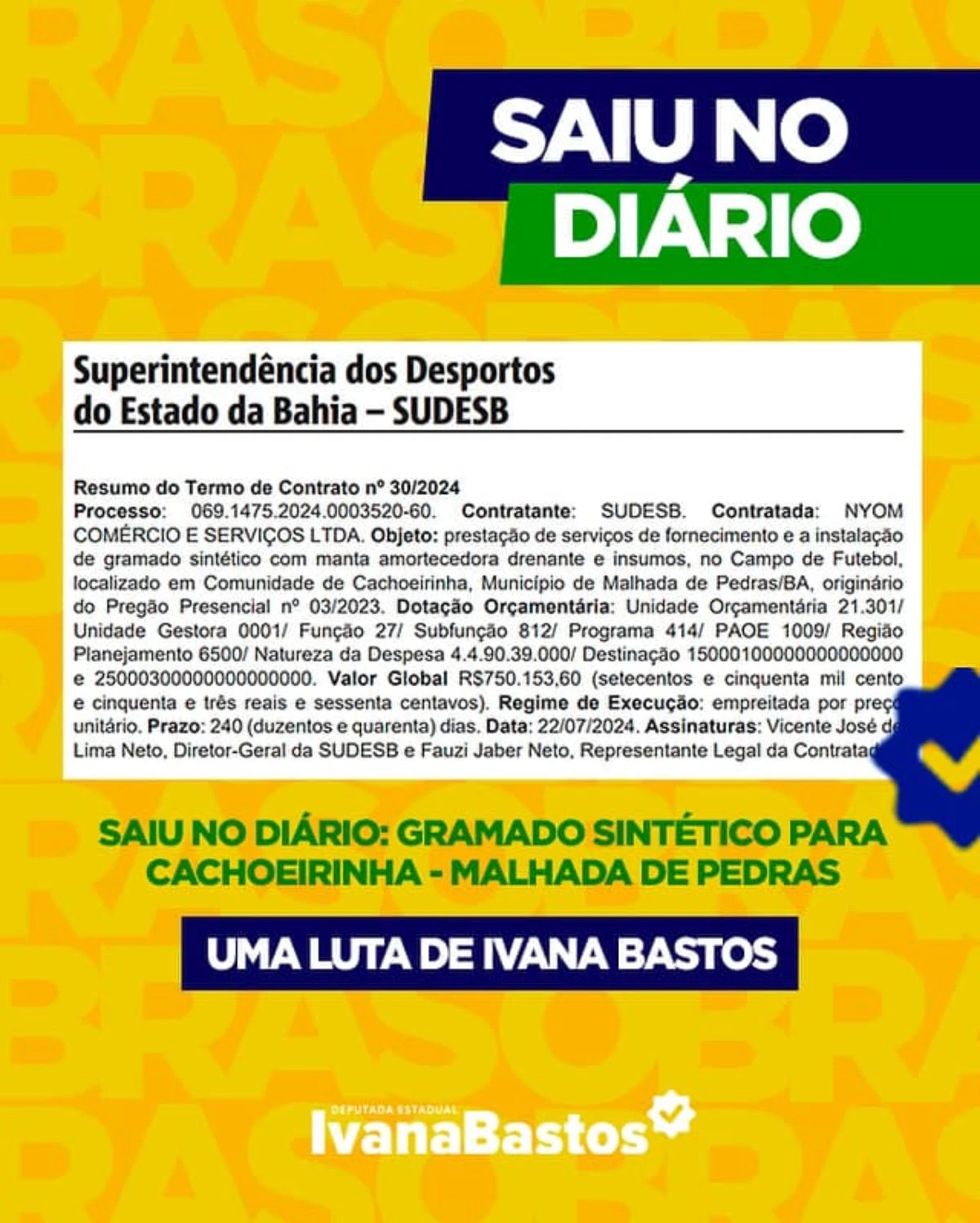  Após empenho de Ivana Bastos, Areninha de Malhada de Pedras receberá gramado sintético