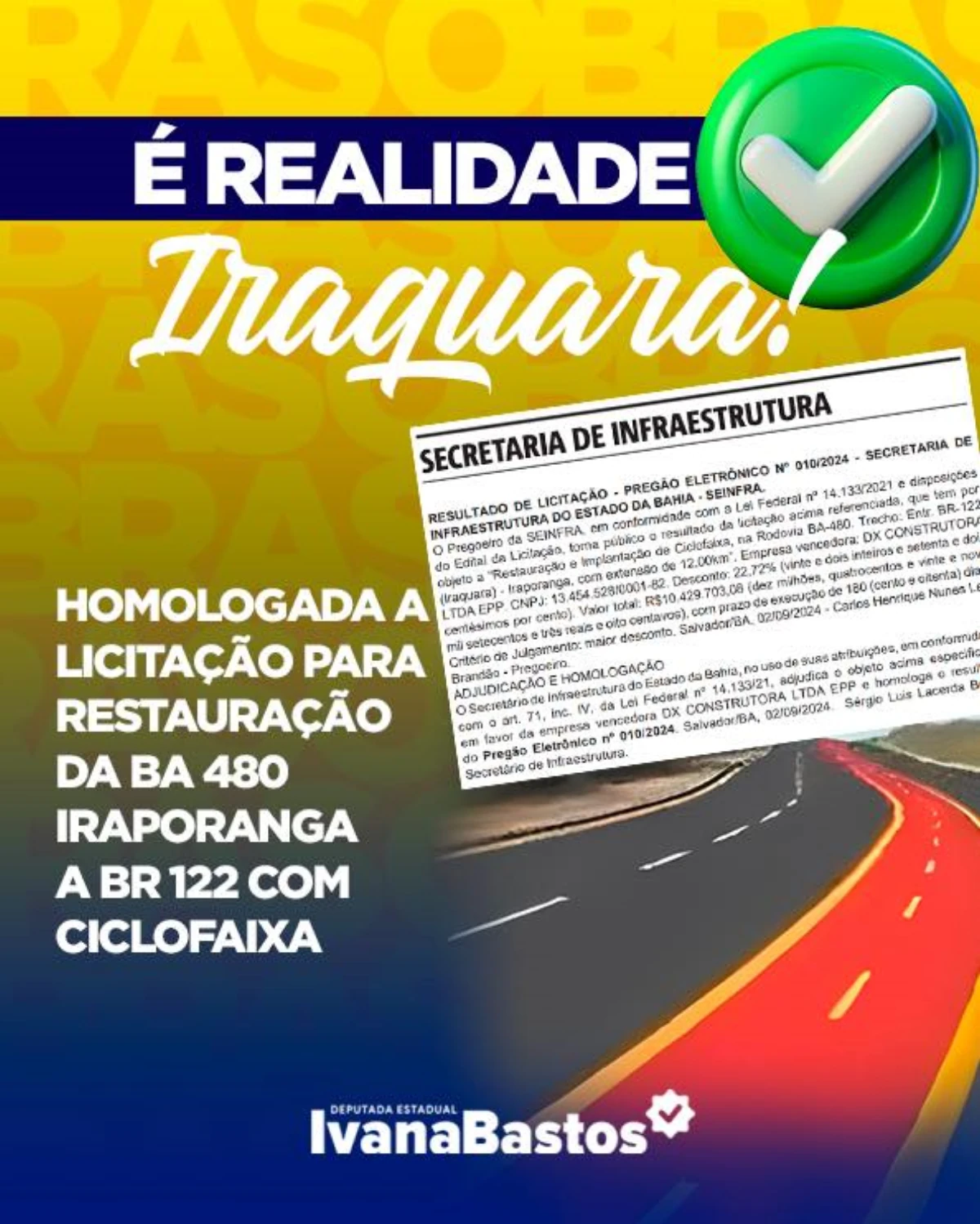 Homologada a licitação para restauração da BA-480: Iraporanga a BR-122, com ciclofaixa em Iraquara