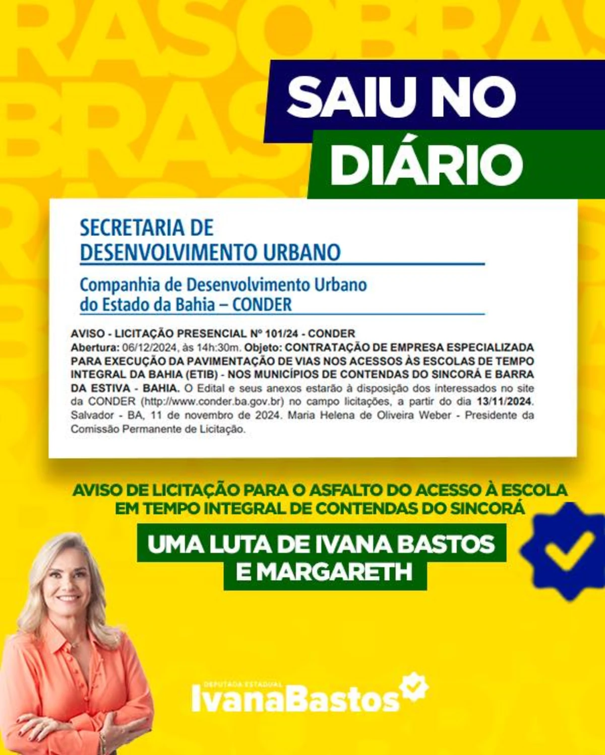 Acesso à Escola em Tempo Integral de Contendas do Sincorá receberá asfalto graças à atuação da deputada Ivana Bastos e da prefeita Margareth