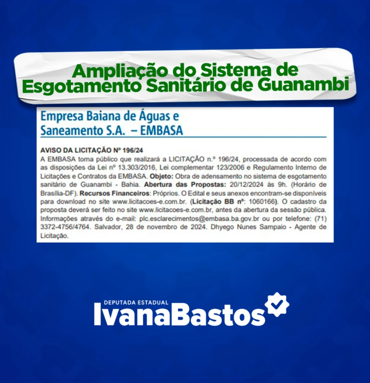 Ivana Bastos garante ampliação do Sistema de Esgotamento Sanitário de Guanambi